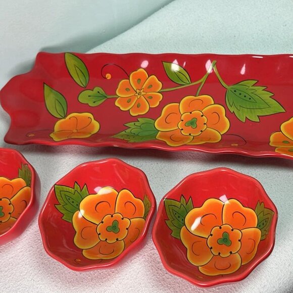 TempTations Retired Poppy Passion Serving Tray W/3 Bowls Chips & Salsa Time - Picture 10 of 10